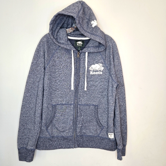 Roots Tops - Roots Canada Zip Up Hoodie Sweater Jacket Heathered Blue Logo Maple Leaf Large